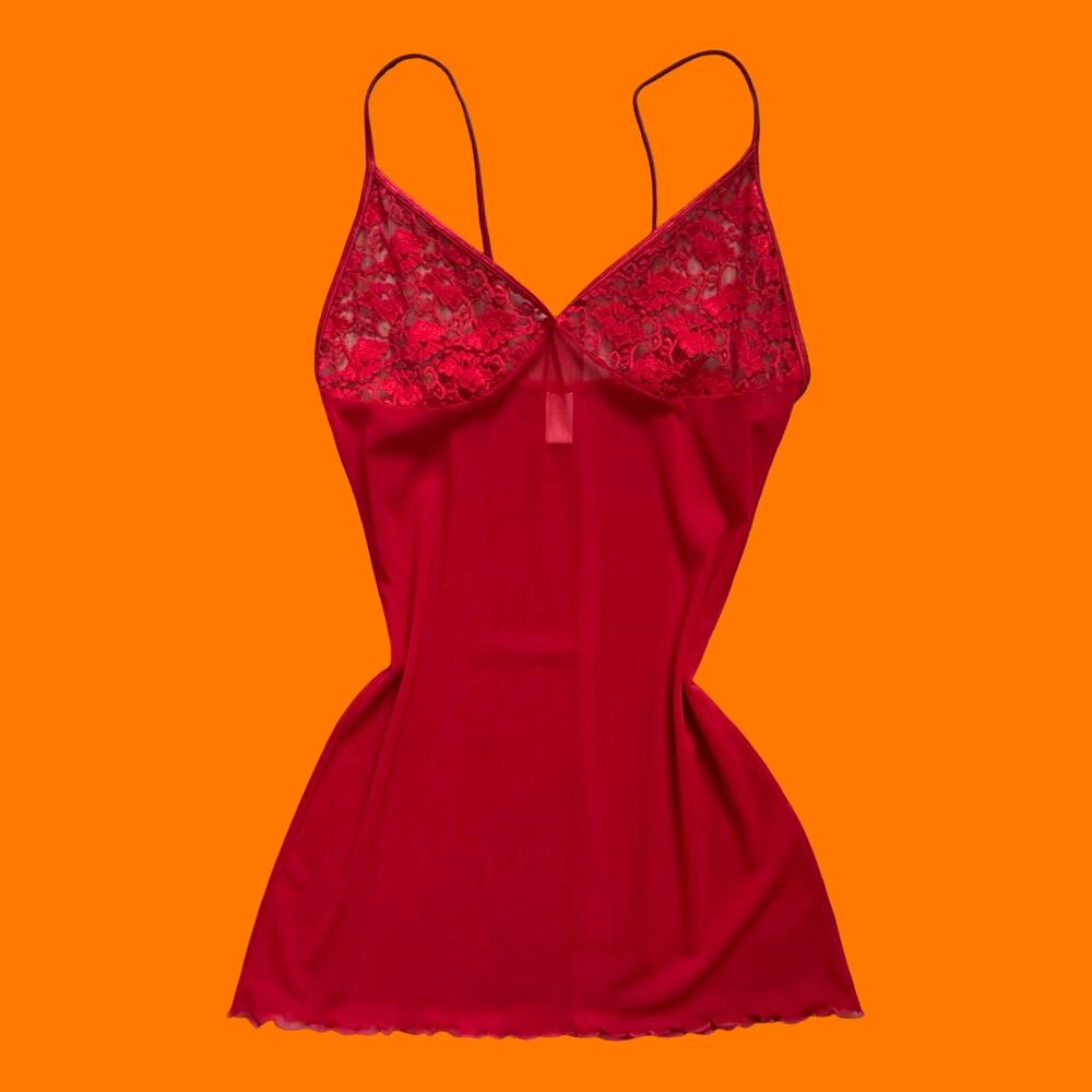 00's vintage red mesh floral lingerie chemise y2k slip dress L *runs small*